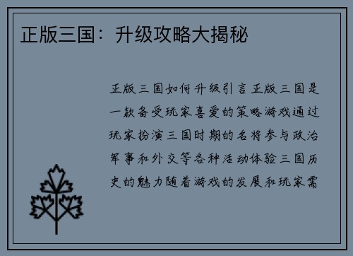 正版三国：升级攻略大揭秘