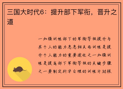 三国大时代6：提升部下军衔，晋升之道